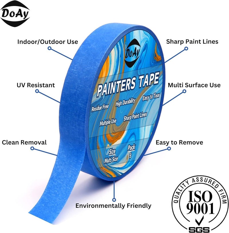 DOAY Blue Painters Tape 1/4" 1/2" 3/4" x 60 Yard - Multi Size Pack - Multi Surface Use - 3 Rolls - Image 2